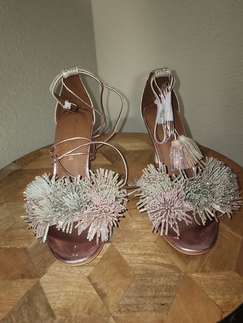 Kurt Geiger Rose Gold Glitter Pom-Pom Sandals